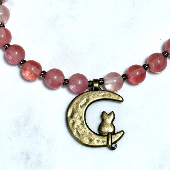 Cherry Quartz Short Necklace with Bronze Cat on the Moon Pendant - Picture 5 of 13